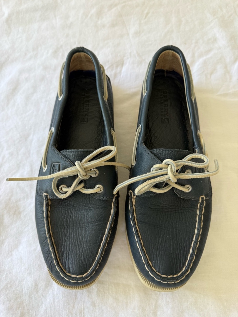 Sperry Navy Leather Boat Shoes with Cream Laces